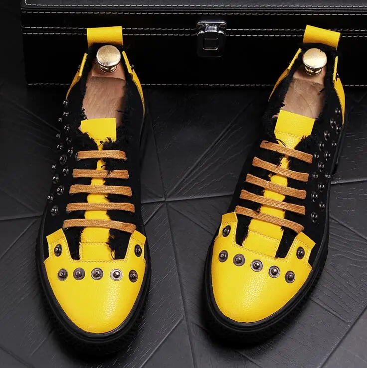 

2019 Street trendsetter lace-up rivet Casual shoes Flats Male yellow black Designer mixed Dress Loafers Shoes zapatos de novio