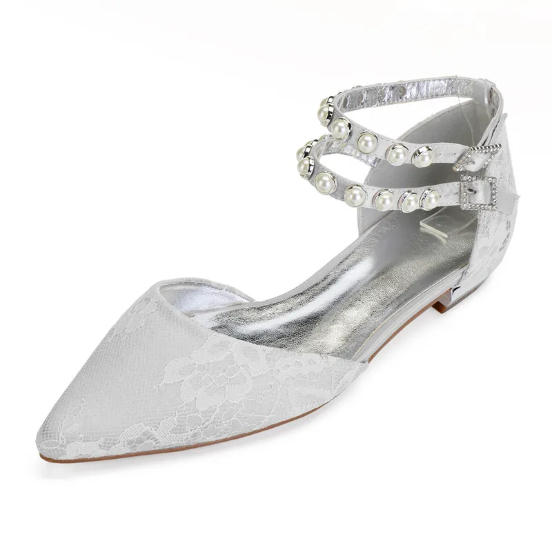 

OnnPnnQ Comfort Flat Lace Women Wedding Shoes for Bride Pointed Toe Ankle Buckle Strap Wedding Bridal Party Flats Shoes