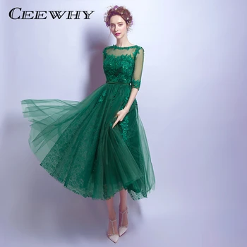 

CEEWHY Green Half Sleeve Lace Evening Dress Elegant Prom Formal Dress Vestido de Festa Embroidey Evening Gown Abendkleider