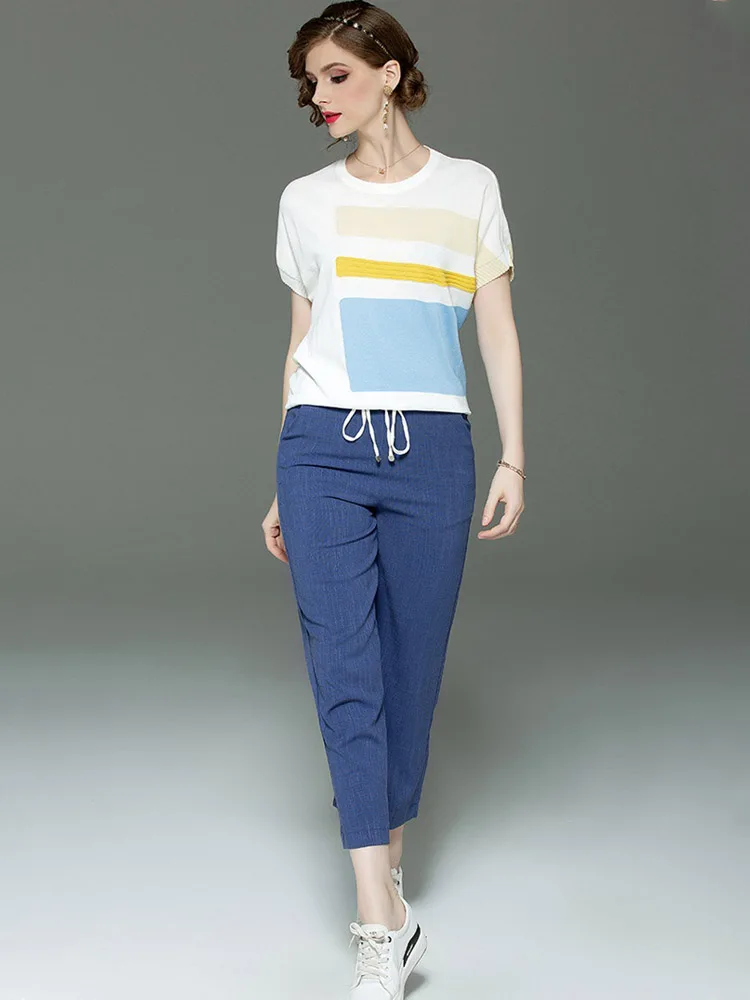 Hoge Kwaliteit Vrouw 2019 Zomer Nieuwe Korte Mouwen Wijde Pijpen Broek Pak Twee-stuk Casual Mode Trekkoord Dames sets L210