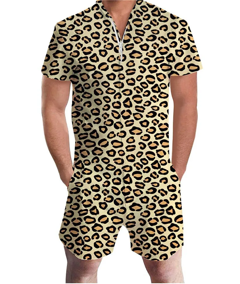 Men 3D Graphic One Piece Romper Men Casual Zipper Short Sleeve Summer Jumpsuit With Pocket Leopard Print Summer Beach Set - Цвет: men romper 2