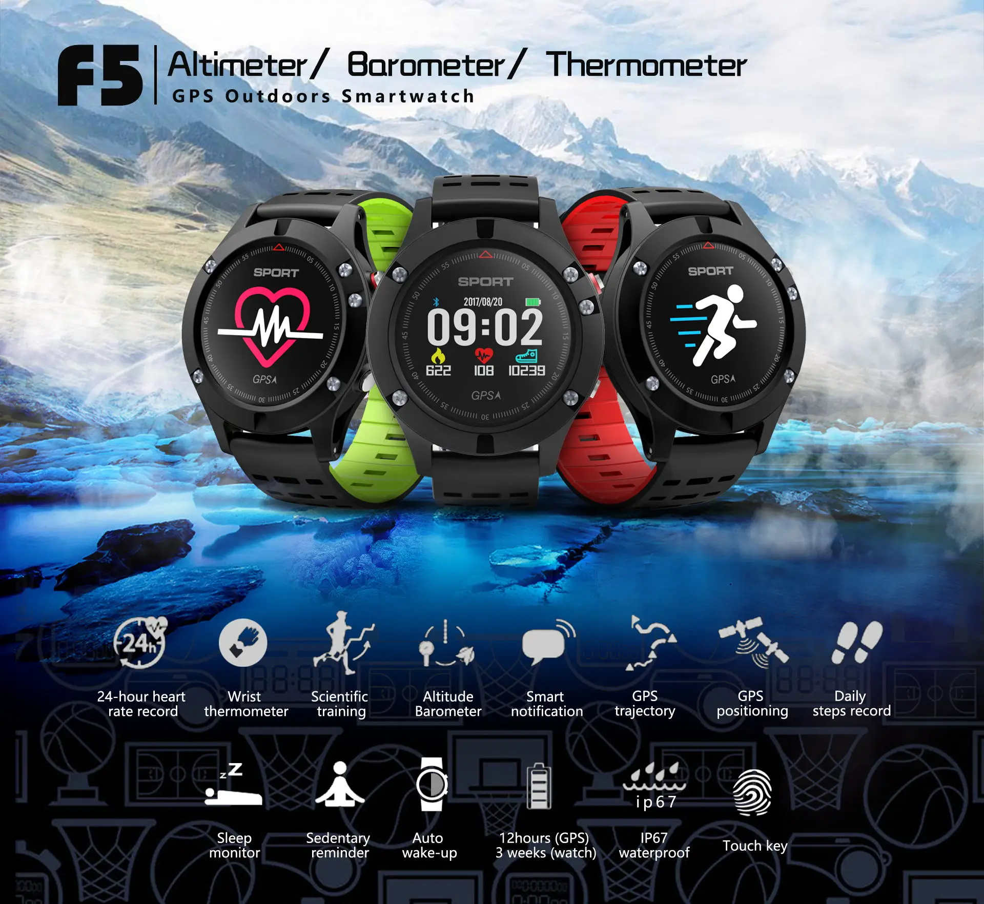 

F5 Heart Rate Monitor Real Time Temperature Waterproof GPS Android IOS Multi Sport Mode Bluetooth Smart Watch