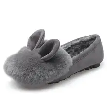 Chaussures femme; обувь на меху с милыми заячьими ушками; женские балетки на плоской подошве с круглым носком; зимняя обувь с кроличьим мехом; Плюшевые мокасины; большой размер 43; c155