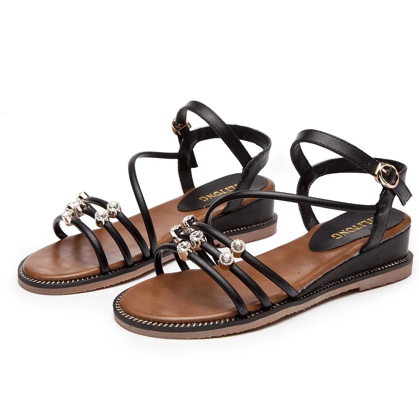 

2019 summer style simple and simple solid color sandals women comfortable wild wedge with rhinestone decorative shoes sandasl