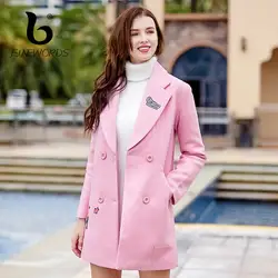 FINEWORDS коробки вышивка длинное зимнее пальто Для женщин толстый Винтаж розовый Шерстяное пальто сладкий элегантный кашемир верхняя одежда
