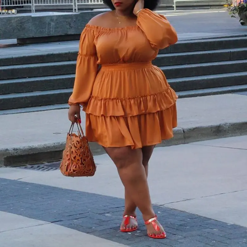 

Orange Plus Size Party Elegant Vintage Chic Women Short Dresses Off Shoulder High Waist Falbala Plain Female African Style Dress