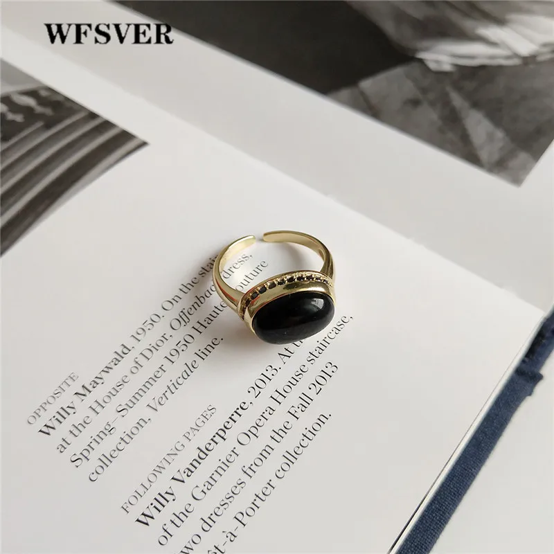 

WFSVER korea style 925 sterling silver ring for women gold color with black agate rings opening adjustable fine jewelry gift