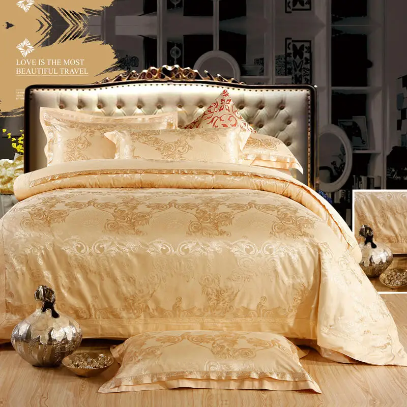 Waliicorners Comfy Bedding Froral Jacquard Satin and cotton King Queen size 4-pieces Bedding Set Luxury, Gray Golden Bedsheet/Fitted shet set 37 127