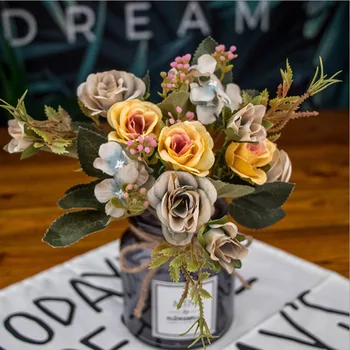 

6 bunches of artificial flower heads 13 / small bouquets of silk buds lace silk leaves green home autumn decoration
