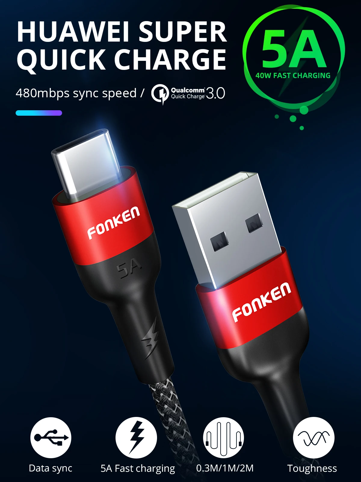 FONKEN 5A usb type C кабель Supercharge 40 Вт USB C провод SCP FCP QC4.0 QC3.0 быстрое зарядное устройство type-C 1 м 2 м Android кабели быстрого телефона