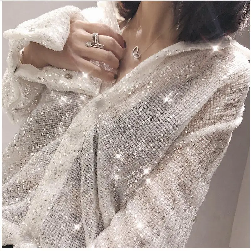 

Fashion Sequins shine Reflective Shiny white shirts female sexy loose casual blingbling shirt long sleeve translucent shirts
