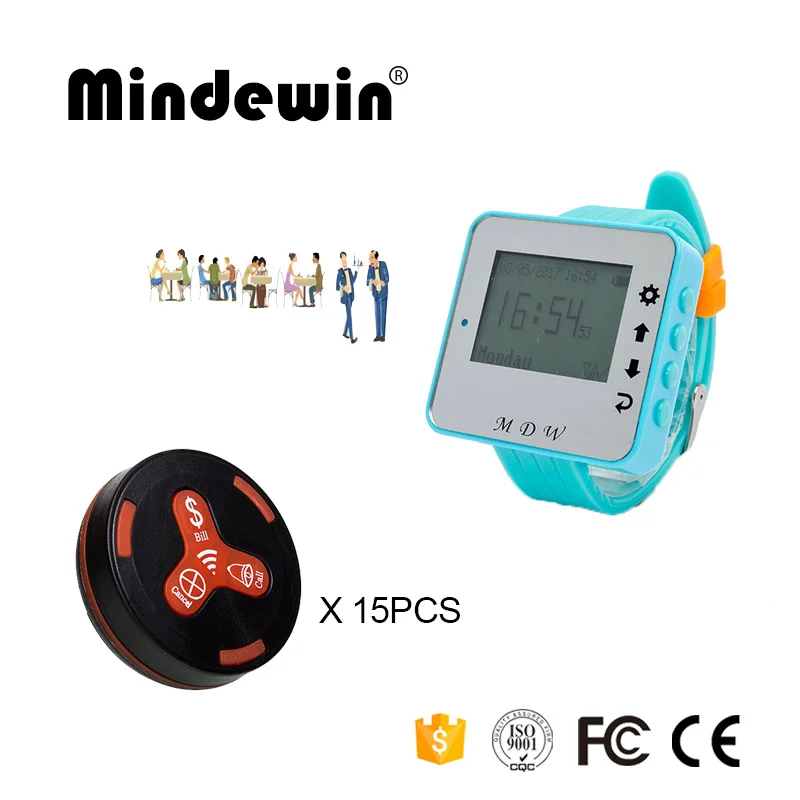 

Mindewin Call Pager 15PCS Table Waterproof Call Button M-K-3 and 1PCS Watch Pagers M-W-1 Wireless Calling System For Restaurant