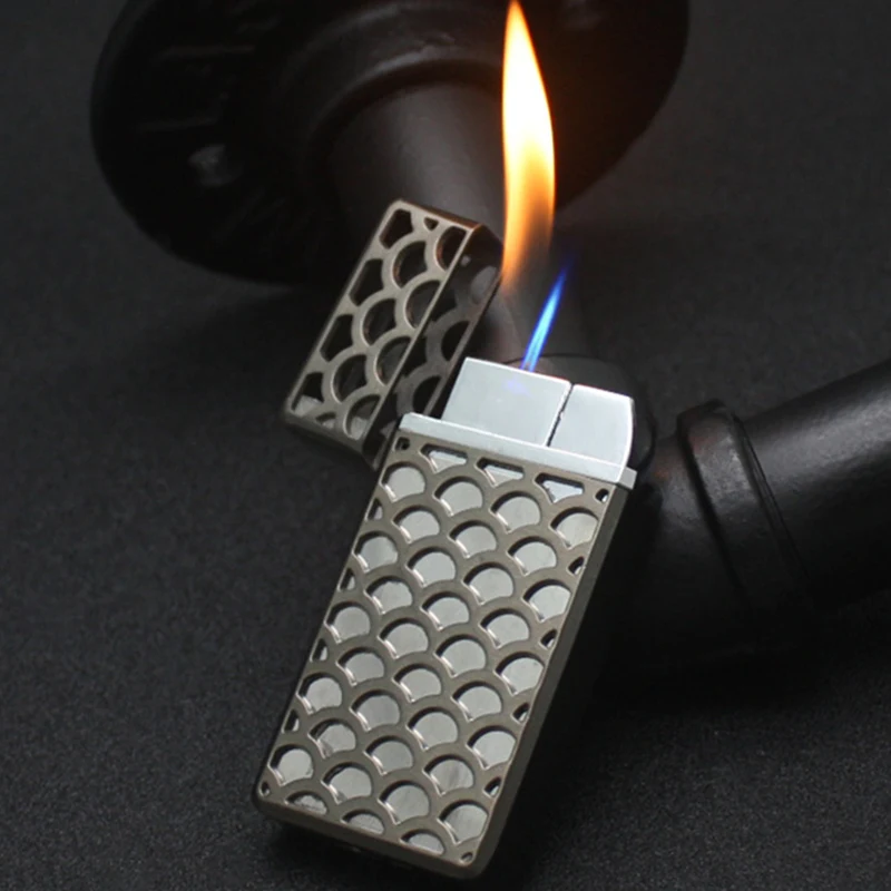 

Openwork Stainless Steel Dual Fire Jet Torch Turbo Lighter Windproof Metal Cigar Pipe Lighter Butane Gas Gadgets For Man