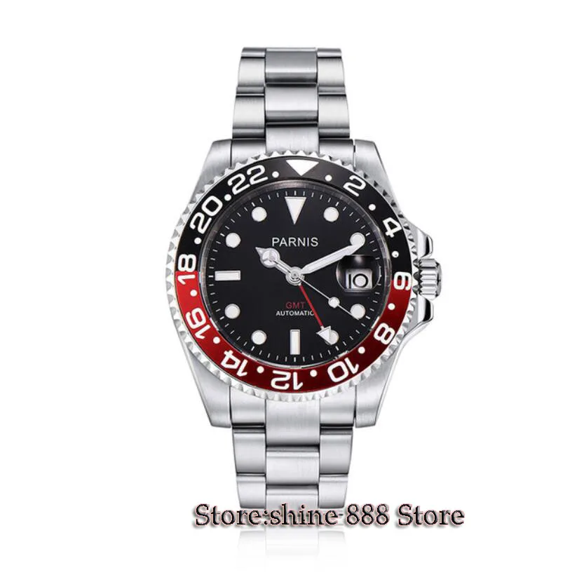 

40mm PARNIS black dial sapphire glass GMT date window automatic mens wrist watch