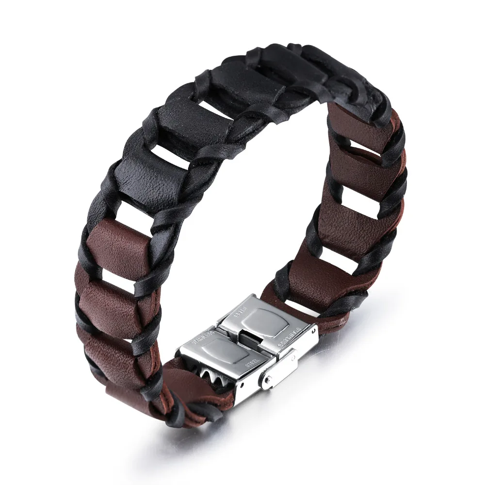 Punk Rock Hollow Leather Bracelets for Men Stainless Steel Bracelets