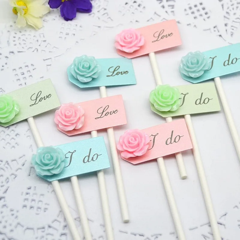 

2pcs Wedding Love Cake Topper Pink Rose Flowers "I Do" Cupcake Topper Flag For Wedding Bride to be Cake Decorations Supplies