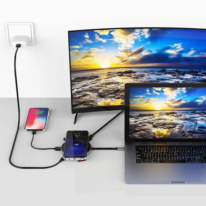 Новый черный Thunderbolt 3 USB-C концентратор к QI Беспроводной Зарядное устройство 5 Вт HDMI адаптер с Тип-c PD/Data USB 3,0 SD/TF слот для Macbook Pro