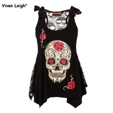 Women’s Fashion Rock Punk Style Skull Print Loose Lace Patchwork Bandages Casual Sleeveless Tops S-5XL T-Shirts