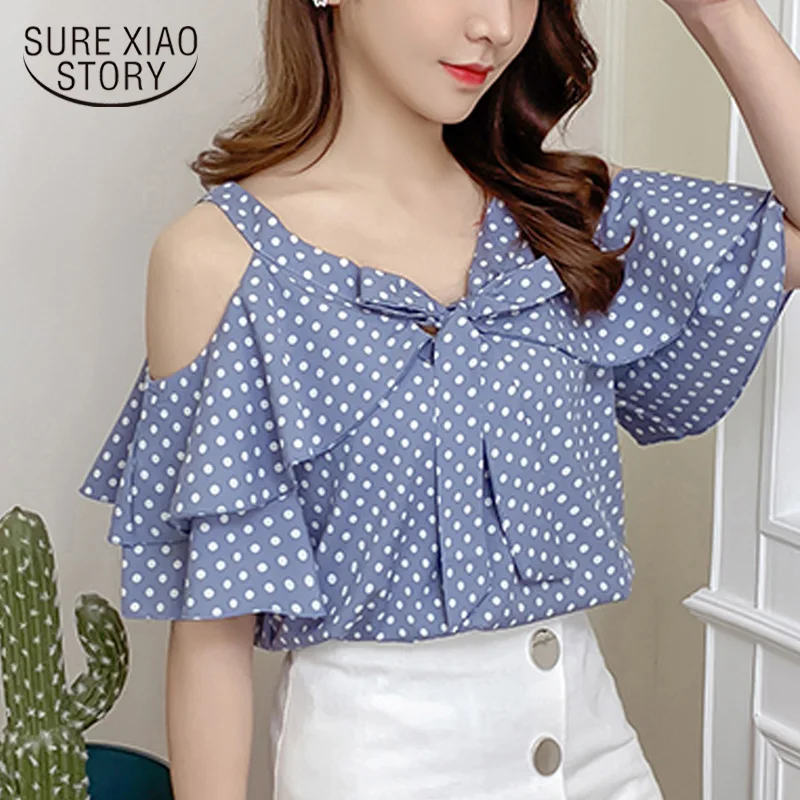 

fashion womens clothing women's summer blouses 2019 short sleeve dot chiffon women blouse shirt v-neck off sloulder top 3416 50