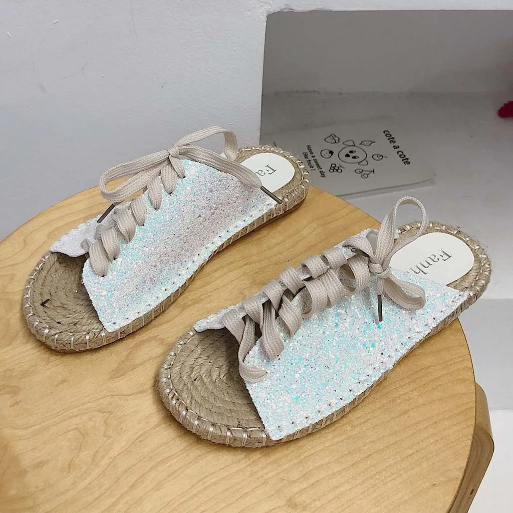 Summer Women Flax Slippers Flat Bottom Leisure Hemp Upper Material Lace Straw Knitting Round Toe Shoes Low Heel June 13