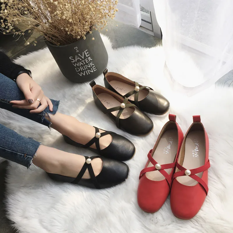 

PACENTO Comfortable Women Ballet Flats Shoes 2017 Spring Square Toe Retro Ballerines Flats with Pearls Cross Tied Women Shoes