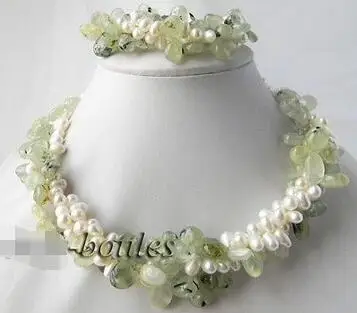 

Free Shipping >> 3strands 17'' White Baroque Freshwater Pearl Prehnite Bracelet Necklace Set