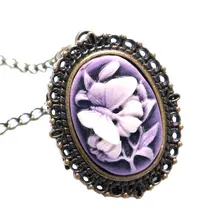 Reloj de bolsillo de cuarzo Retro Vintage diseño 3D Flor Mariposa púrpura con collar Cadena de Jersey para mujer