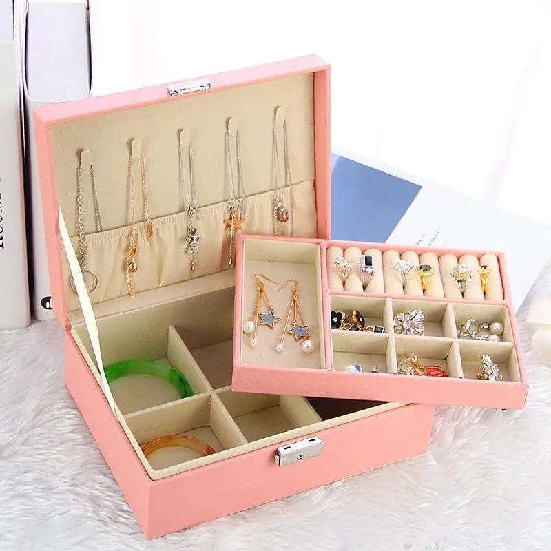 

2019 Pu Leather Jewelry Box Princess Jewelery Storage Box with Lock Double Layer Storage Case 3 Color Jewelry Casket Gift Box