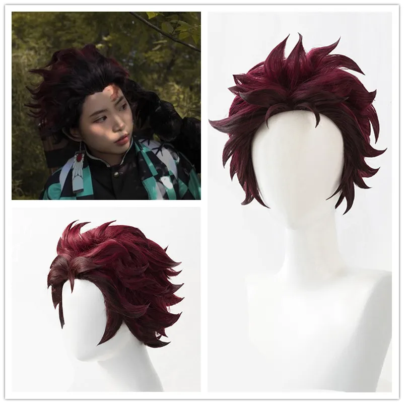 

Japanese Demon Slayer: Kimetsu no Yaiba mens Kamado Tanjirou cosplay wig Brother Kamado Tanjirou role play red styled hair