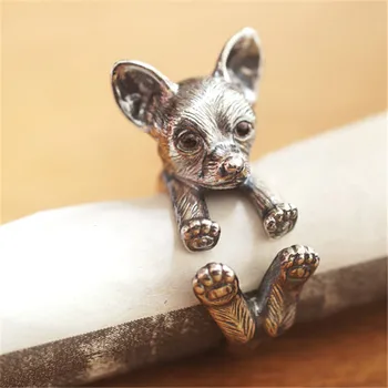 

Wholesale Vintage Adjustable Chihuahua Ring High Quality Brand Designer Sculpted Resting Black Men Chihuahua Rings Women Jewelry