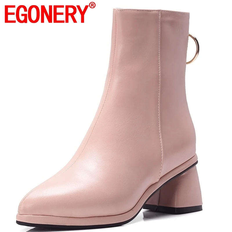 

EGONERY 2019 newest fashion office ankle boots med square heel pointed toe zipper three colors winnter warm outside women shoes