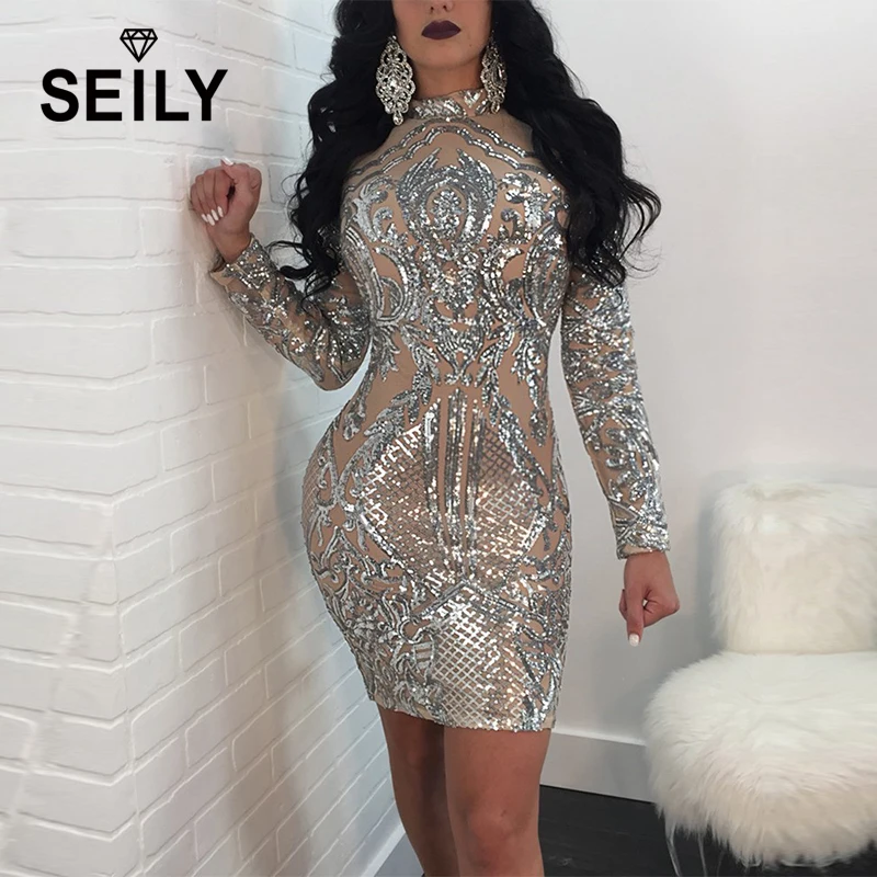 

Seily Sexy Silver Glitter Sequin See Through Mesh Bodycon Club Dress Women Long Sleeve Mini Chrismas Party Dress 2018 Luxury