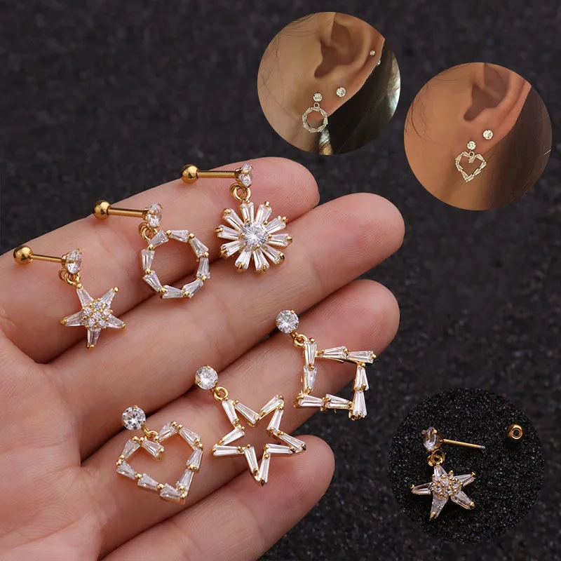 

TTLIFE 1 Piece 20G Stainless Steel Barbell Heart Star Flower Crystal CZ Dangle Tragus Daith Earring Snug Helix Piercing Jewelry