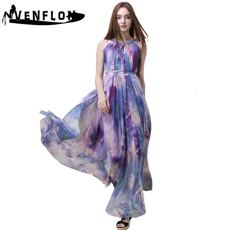 

VENFLON Loose Colorful Chiffon Summer Dress Women 2019 Sexy Sleeveless Beach Maxi Desses Elegant Evening Long Party Dress Female