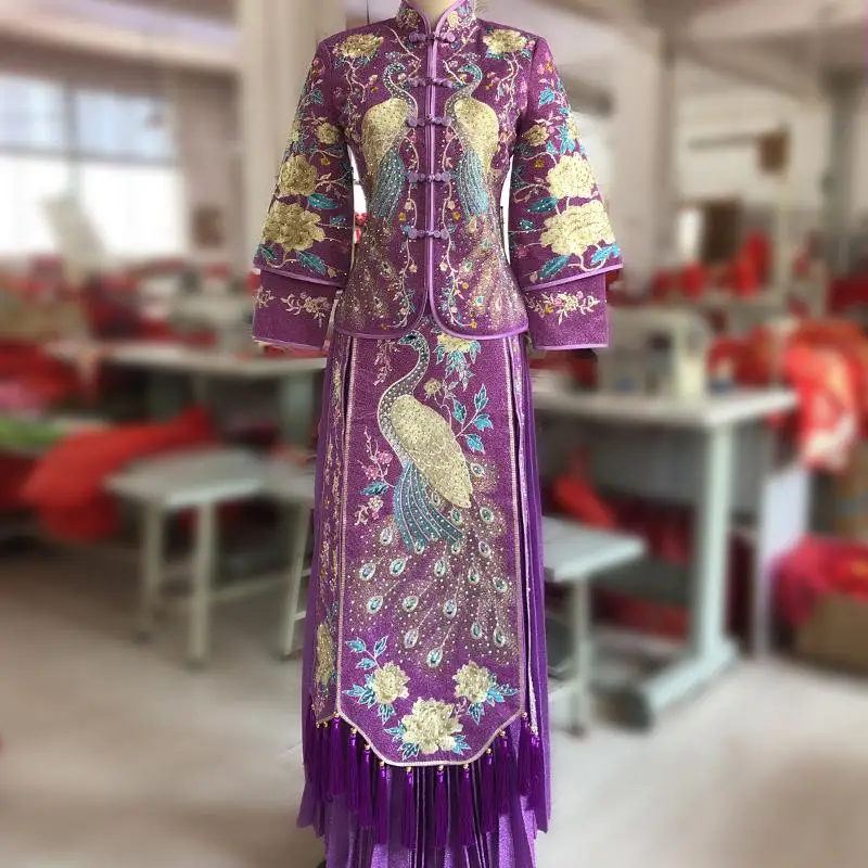 Синий Восточный китайский Женский Cheongsam вышивка павлин винтажный плиссированный Qipao праздничный костюм вечернее платье с кисточками - Цвет: Фиолетовый