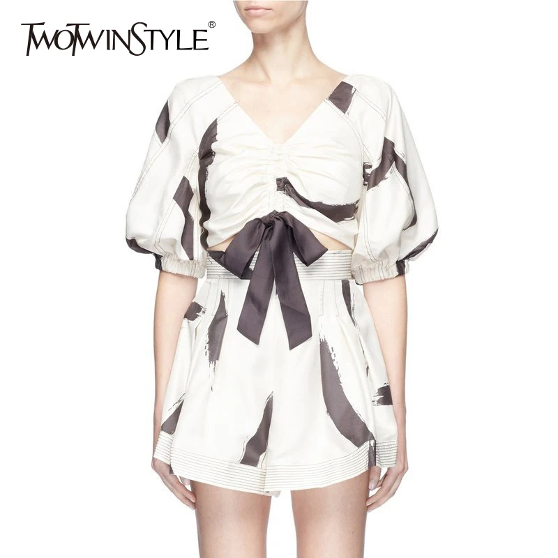 

TWOTWINSTYLE Print Shorts Suit Womens V Neck Lantern Sleeve Ruched Short Tops With High Waist Mini Wide Leg Trousers 2019 Summer