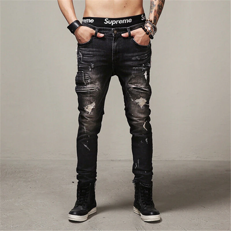 Ripped jeans men Hip hop denim pants men's swag biker jeans fashion ...