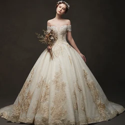 Precioso Vestido de Novia 2019 Abalorios Apliques de Oro Vestido de Bola Calidad de Grado Vestido Nupcial Vestido Formal de Lujo Vestido de Noiva Precioso Vestido de Novia 2019 Abalorios Apliques de Oro Vestido de Bola Calidad de Grado Vestido Nupcial Vestido Formal de Lujo Vestido de Noiva