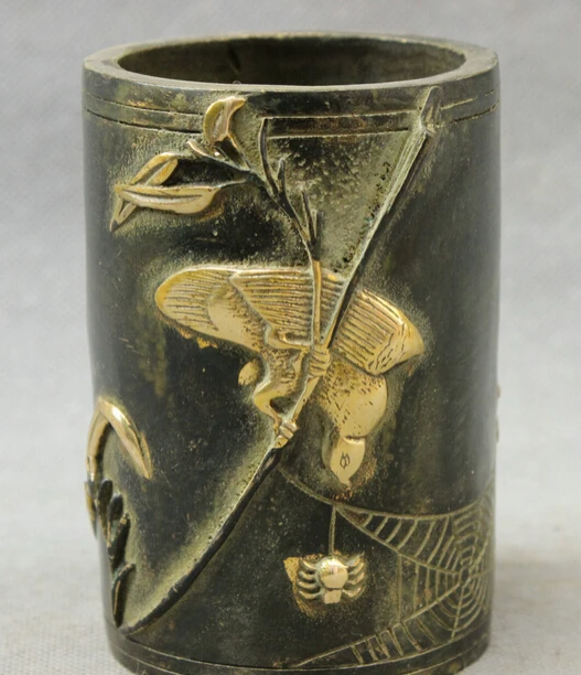 

JP S0114 Folk Chinese Bronze Copper Gilt Lucky Bird Statue Spider Brush Pot Pencil Vase B0403