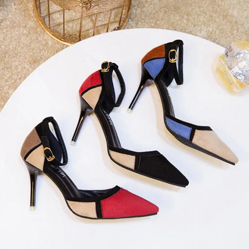 

Europe Women Fashion Mixed Color Flock Leather High Heels Shoes,Ankle Strap Pointed Toe Shallow Mouth Heels Pumps Size 35-40