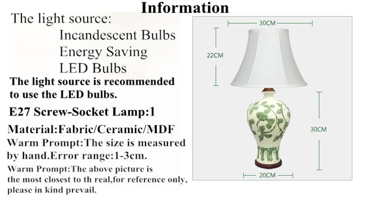 Китайский зеленый прутик Керамические настольные лампы Современная ручная работа, белая ткань Тень E27 светодиодный настольная