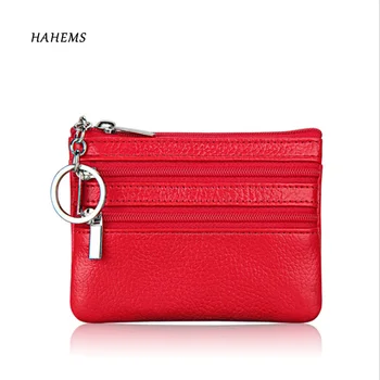 

Hot Women Genuine Leather Double Zipper Wallet Chain Mini Coin Purse Wallet High Quality Soft Solid Zipper Key buckle Bag