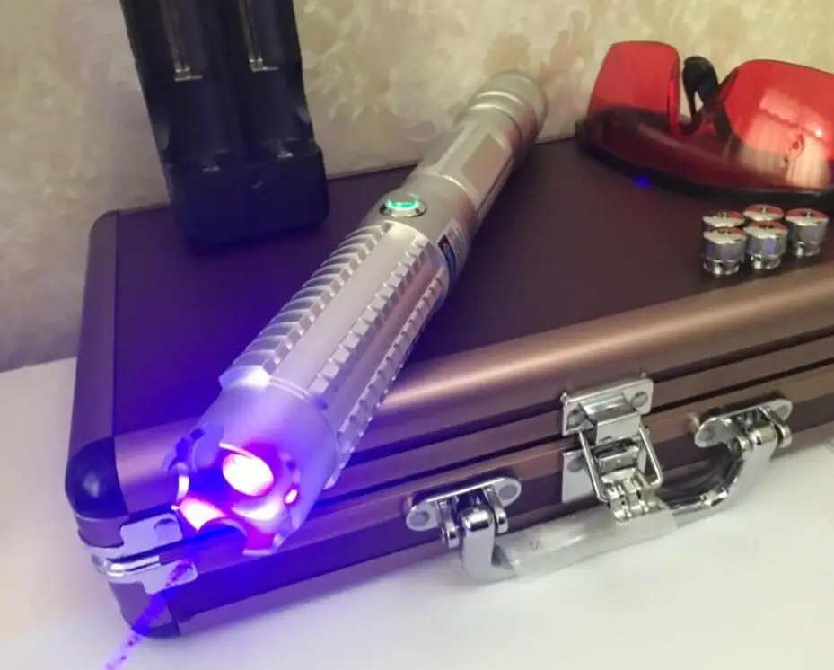 

The Most High Power 450nm Blue Laser Pointer Pen Adjustable Visible Beam focus burn paper lit cigarette wood+box