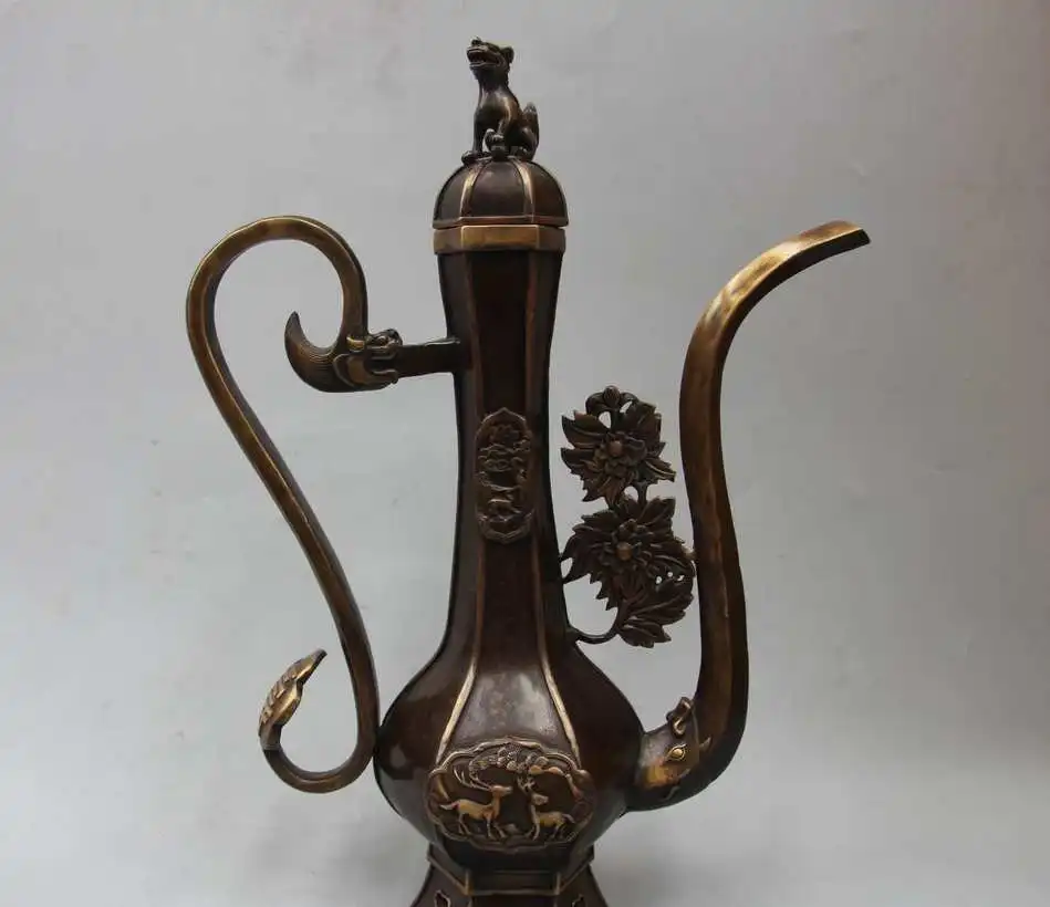

19" Marked Chinese Bronze Deer Beast Lion Dragon handle Wine Tea Pot Flagon