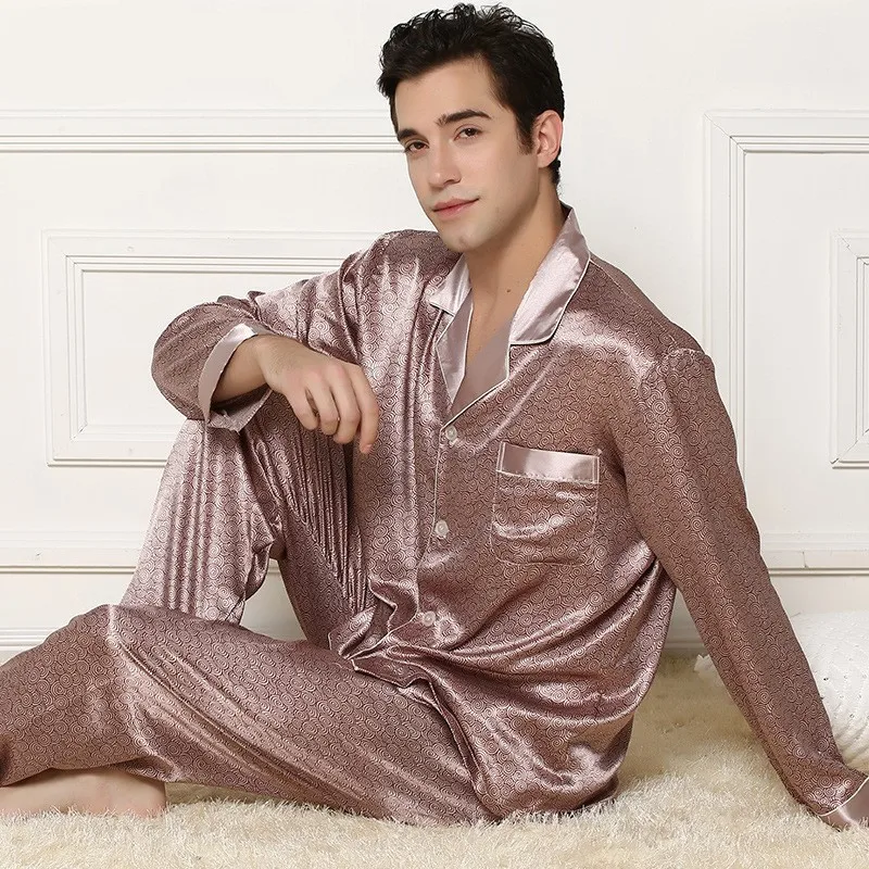 High-grade spring and autumn silk men's long-sleeved pajamas cardigan casual silk household clothes pyjama set loungewear