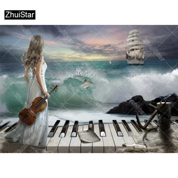 

5D Diamond mosaic diamond embroidery blue Sea piaino and beauty women embroidered Cross Stitch Home decoration Gift XSH