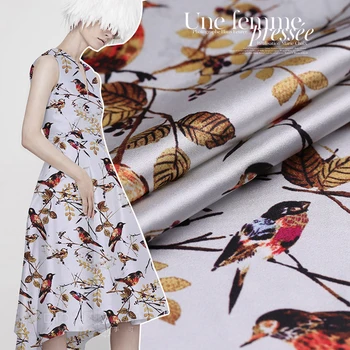 

Premium 108cm wide 19mm silk stretch satin magpie playing digital inkjet silk stretch fabric cheongsam dress