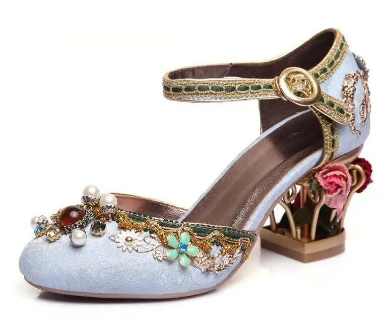 High quality handmade vintage crystal embellished high heel shoes sexy round toe caged style flower pumps ankle strap woman shoe