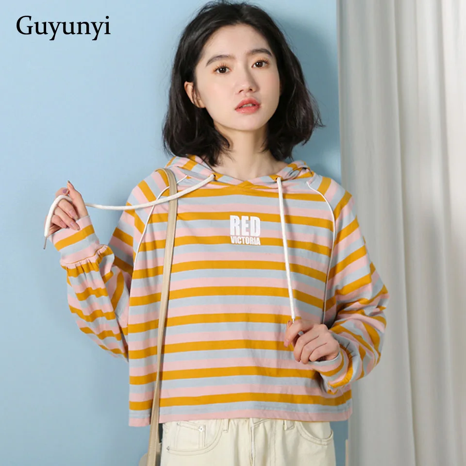 

Hooded Hip Hop T-shirt Women 2019 New Autumn Batwing Sleeve Striped Female T-Shirt Colourful Casual Basic Classic Tops