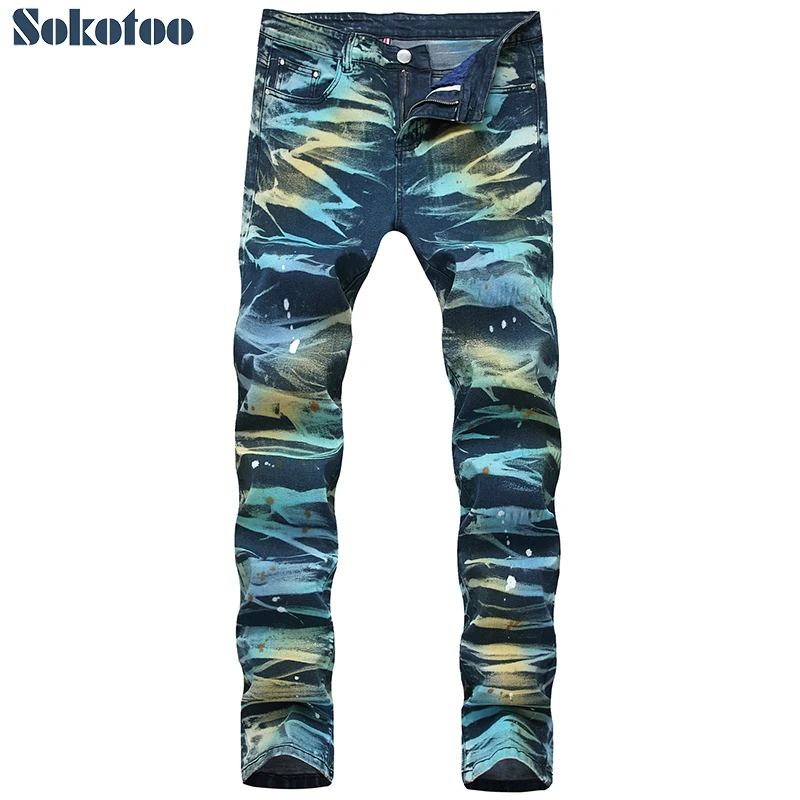 

Men's colored tie and dye slim jeans Trendy plus size painted denim pants